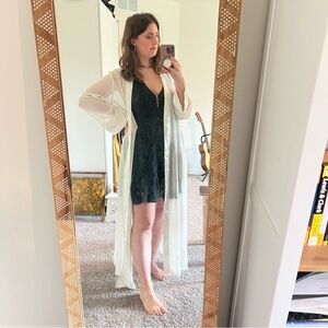 Delicates Vintage Sheer Kimono Robe Duster - Pale Green Cream Floral Trim 🧚